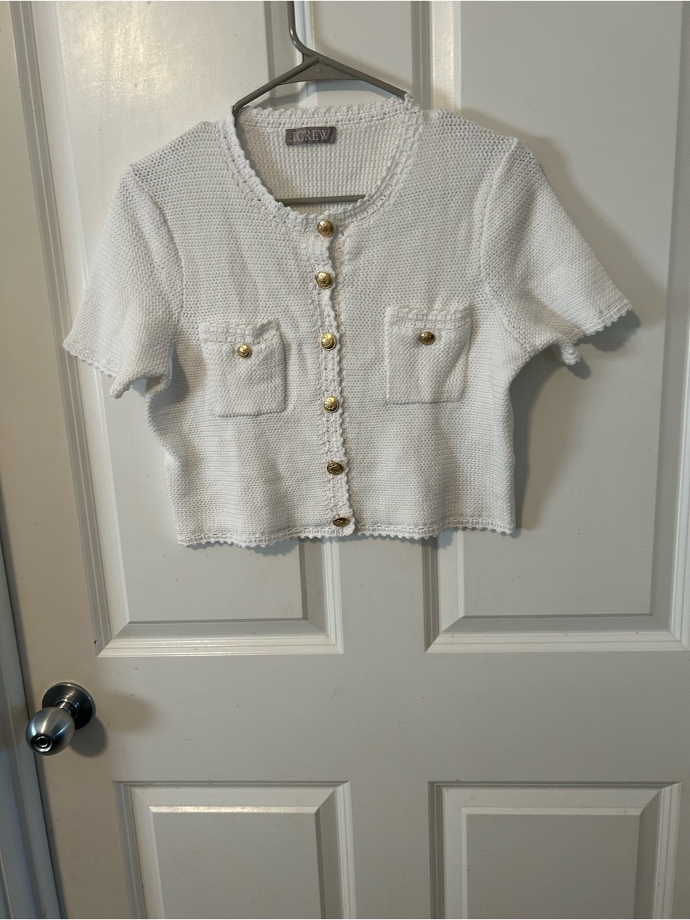 J. Crew White Short-Sleeve Knit Cardigan with Gold Buttons